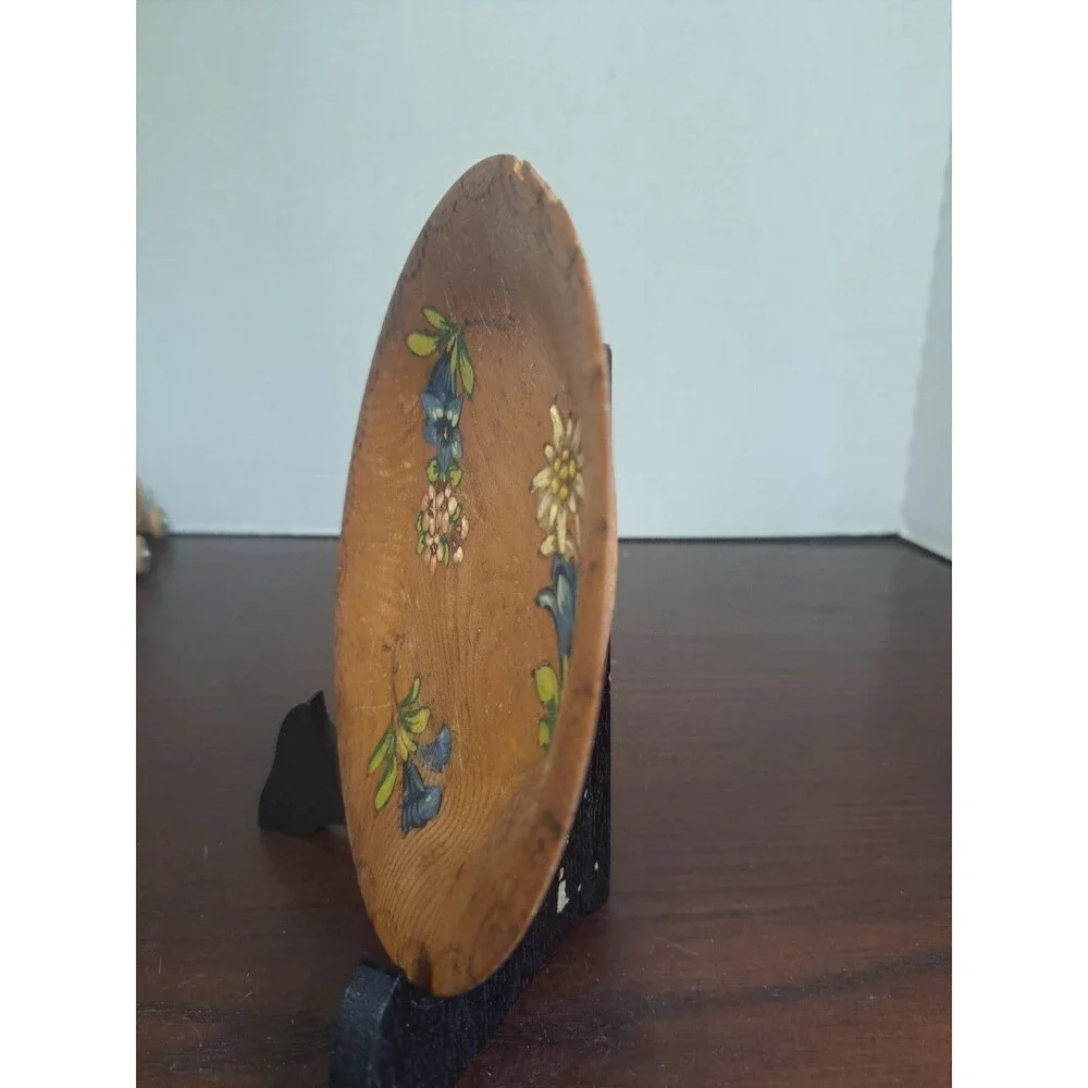Vintage Alpine Style Floral Handpainted Wooden Decorative Plate